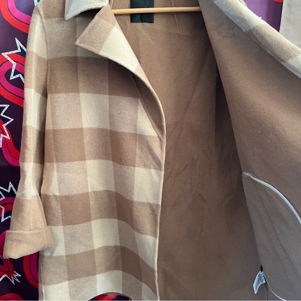 Theory Double-Faced Check Overlay Coat Camel Plaid Multi Check Wool Felt Open - Picture 4 of 14